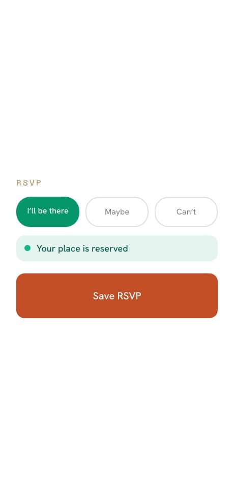Event Hub — guests RSVP and reserve their place