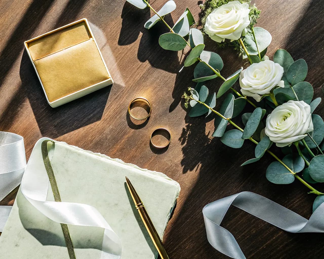 Gold wedding rings and an invitation suite arranged on a styled table