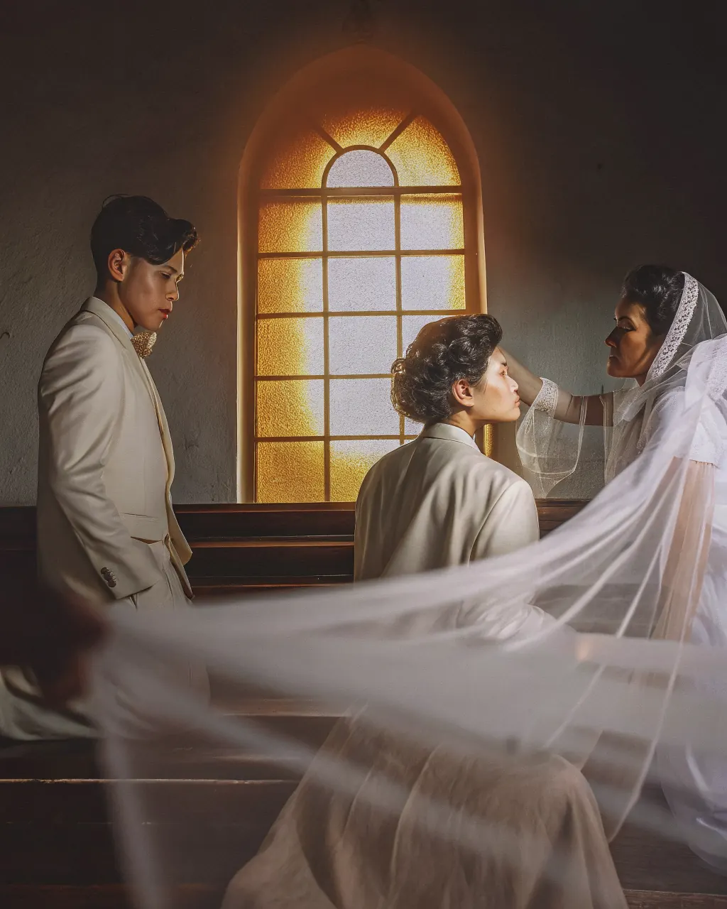 A church wedding ceremony bathed in warm light through a tall window