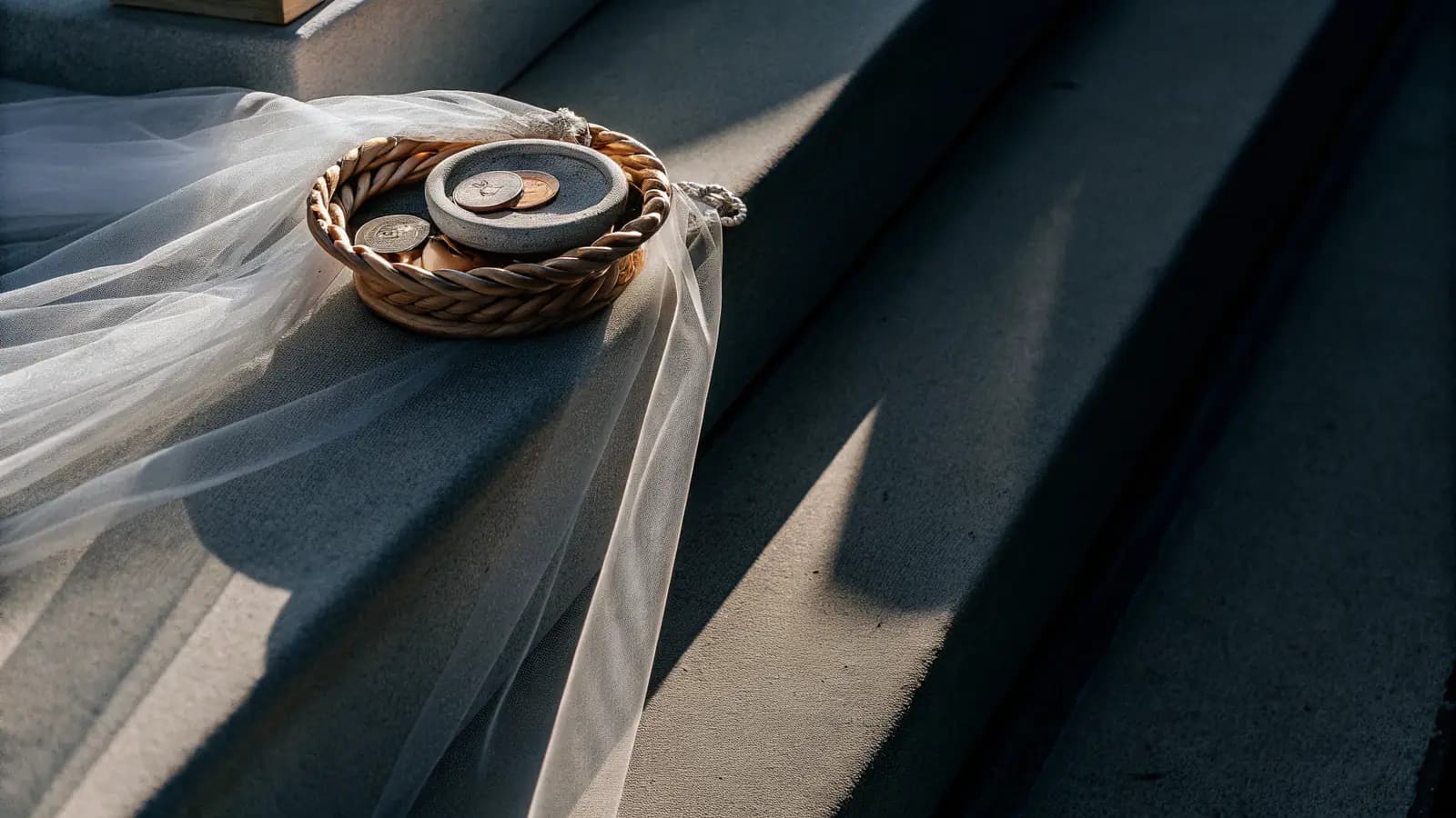 Filipino wedding ritual symbols — the cord, veil and coins arranged on a table