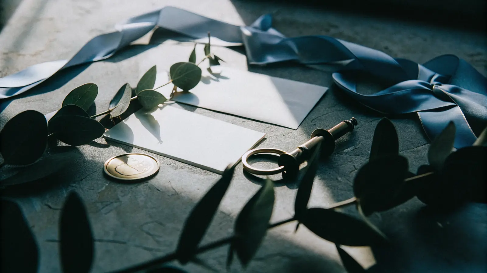 A wedding invitation suite styled with eucalyptus and ribbon