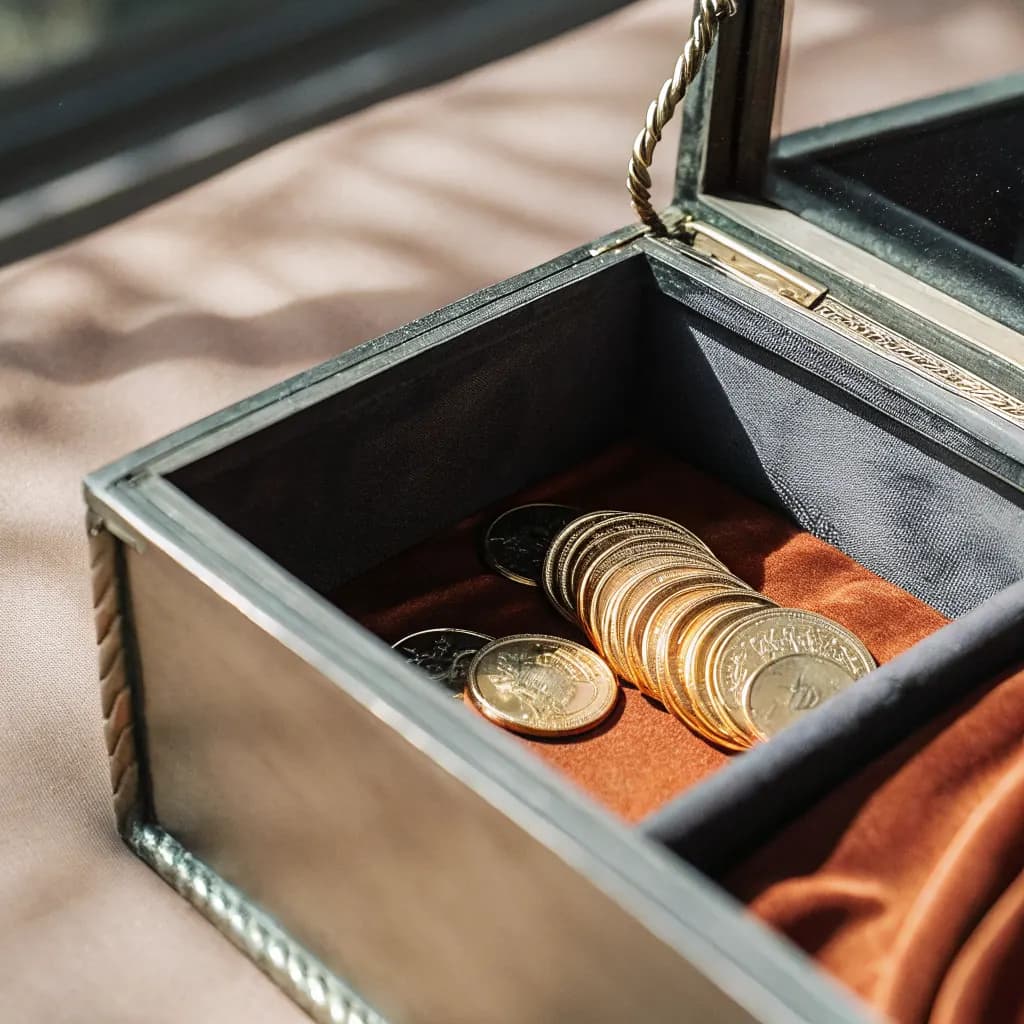 Golden arrhae coins in a ceremonial chest, a Filipino wedding tradition