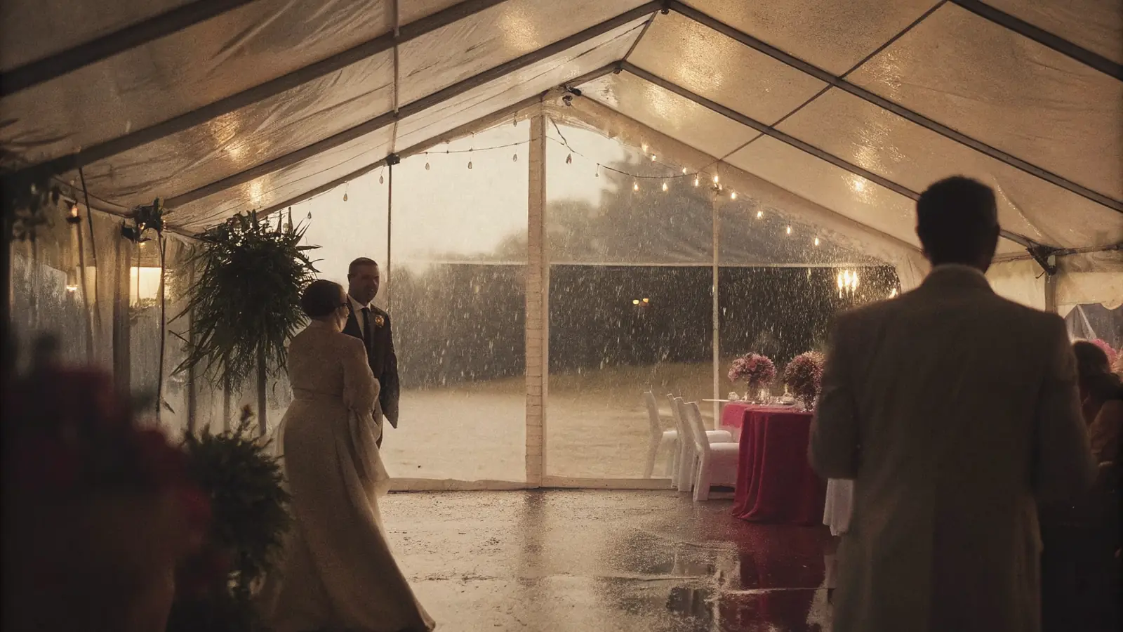 An elegant tented wedding reception during the rainy season