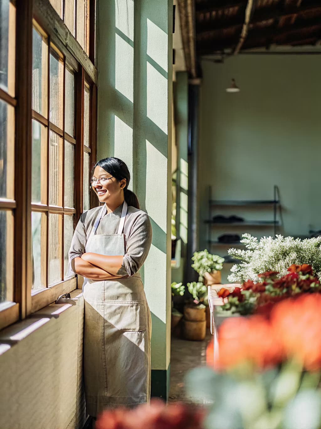 A happy, confident Filipino wedding florist laughing in her sunlit studio surrounded by fresh flowers — a vendor thriving with Setnayan