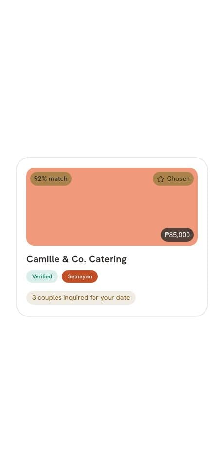 Setnayan AI — a vendor card marked as chosen, with others eyeing the same date