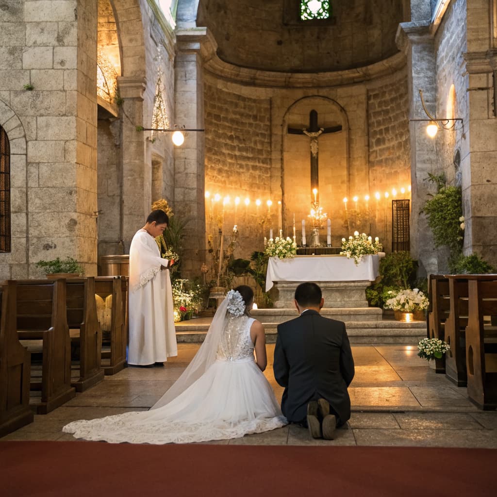 A bride and groom kneeling before a candlelit altar in a stone church