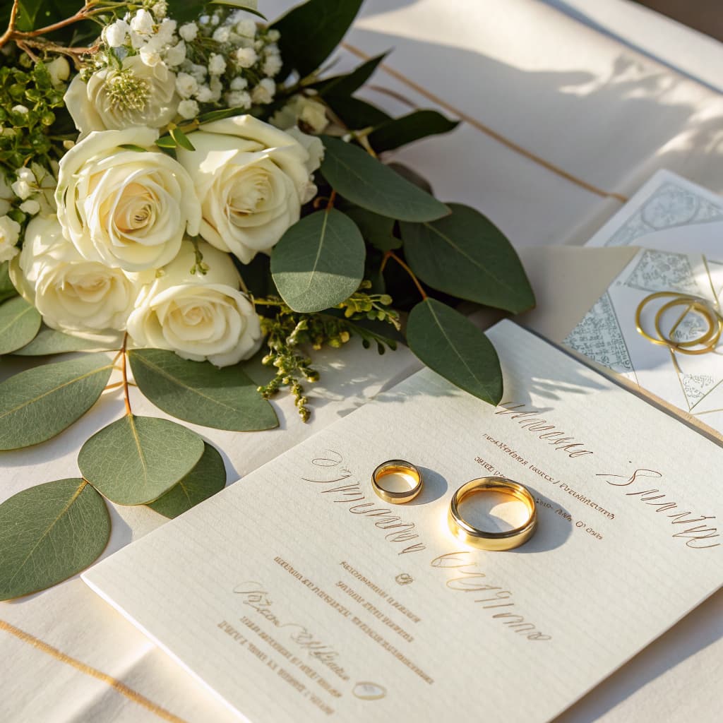 A wedding invitation with two gold rings, beside a bouquet of white roses