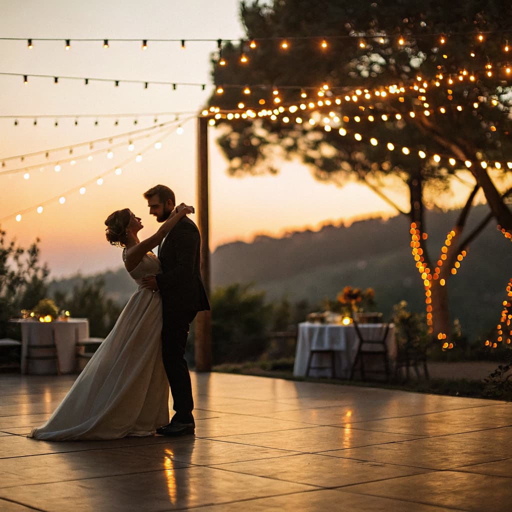 A couple dancing under lights