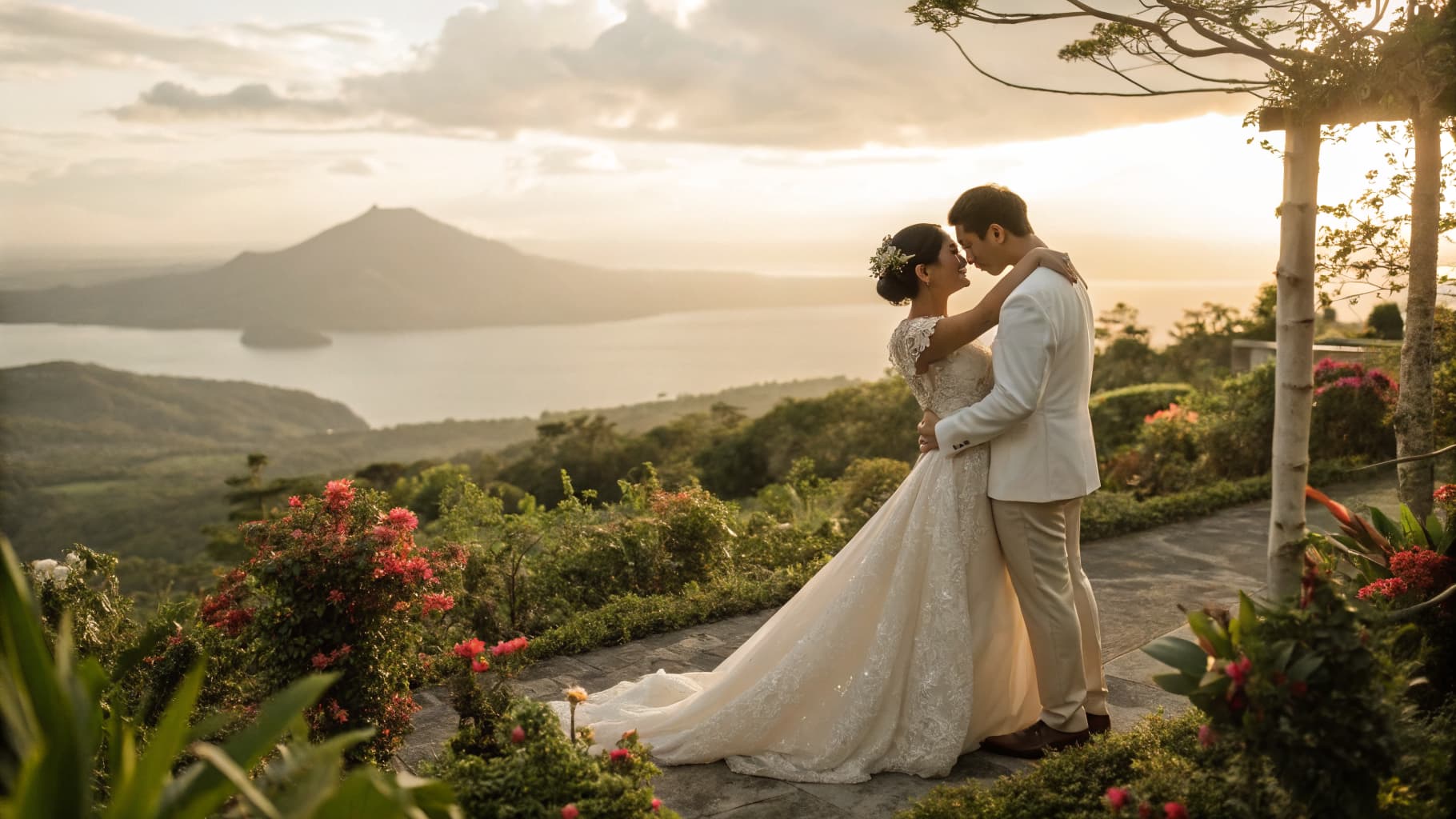 A bride and groom on a garden terrace above a lake at sunset