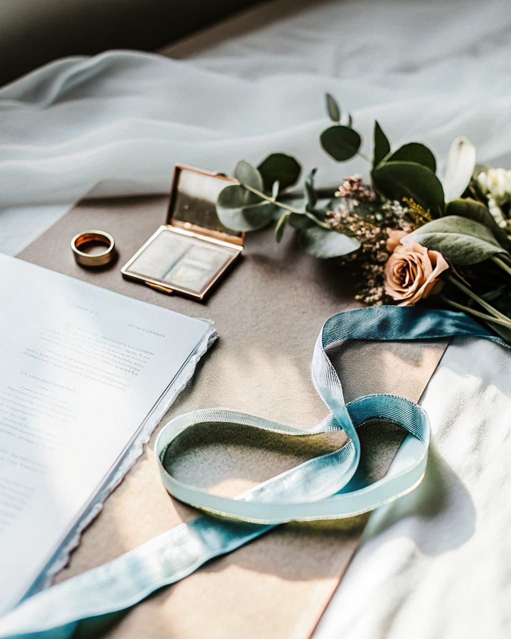 A ring, a printed program, a compact and a pale ribbon laid out on linen