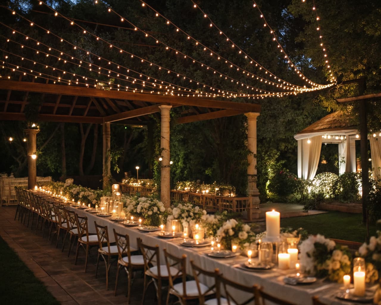 A long candlelit reception table under strings of lights in a garden at night