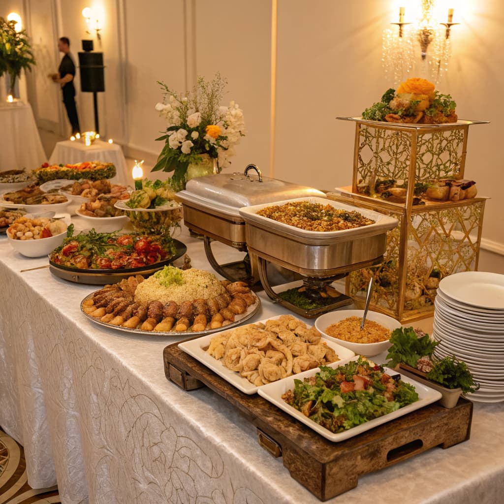 A catering buffet laid out along a long white table at a reception