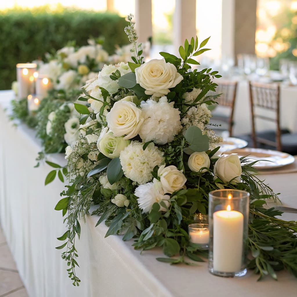 White roses and greenery running along a head table, with lit candles