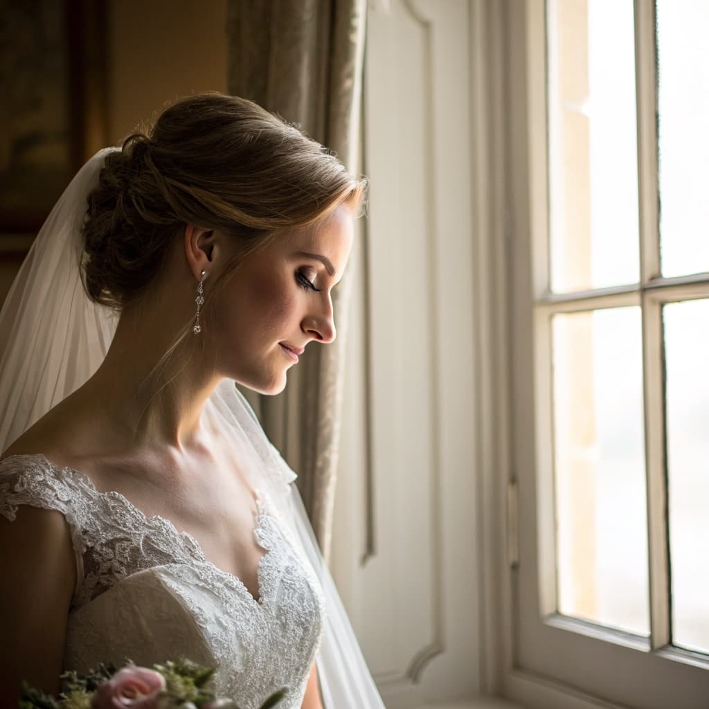 A bride in a lace gown and veil, eyes lowered, beside a tall window