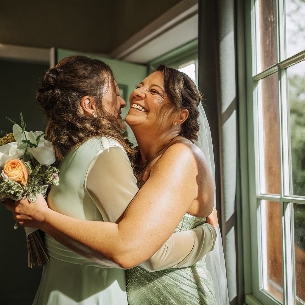 Two guests embracing at a wedding