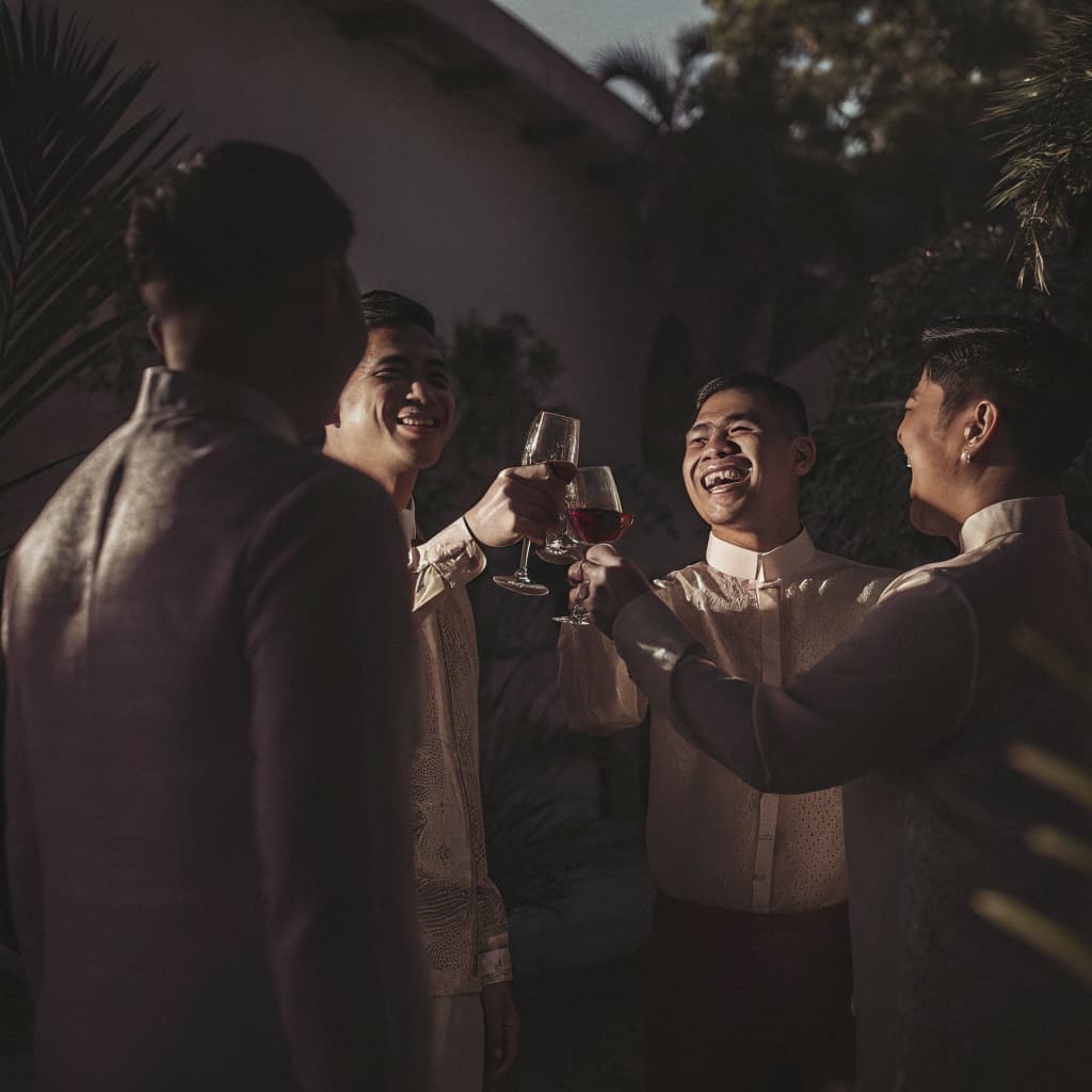 Friends raising their glasses together in a garden at dusk